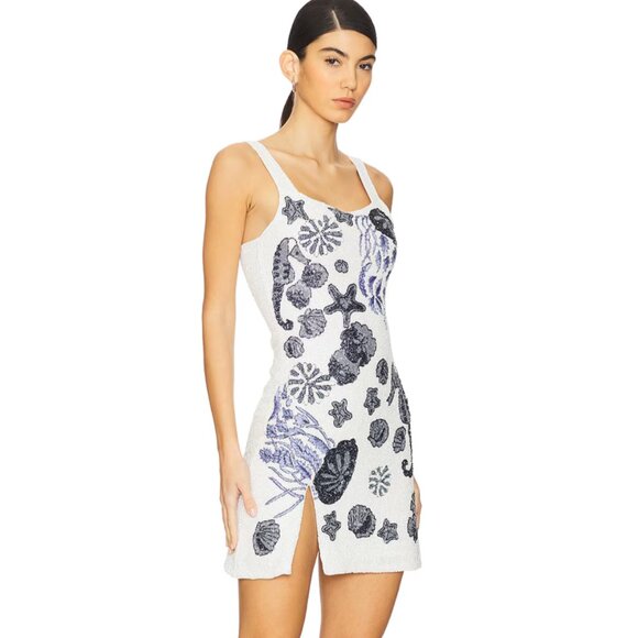 NEW Oceanus New Orleans Hand Embellished Mini Dress in White Multi Blue Small S - Picture 2 of 4